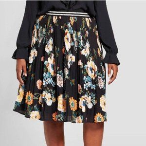 AVA & VIV Black Floral Elastic Waist Lined Knee Length Pleated Skirt Size 2X